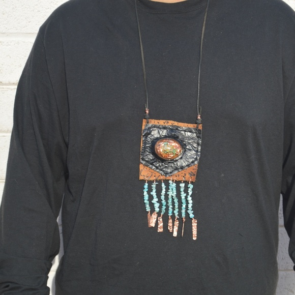 Turquoise Genuine Leather Pendant Amazonite Tribal - Picture 3 of 5